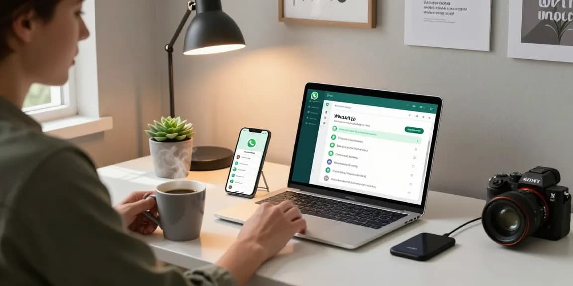 User engaging with WhatsApp網頁版 in a modern home office setting, showcasing productivity and communication.