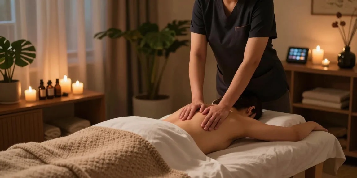 Relaxing 광명출장마사지 scene with professional therapist in tranquil home setting.