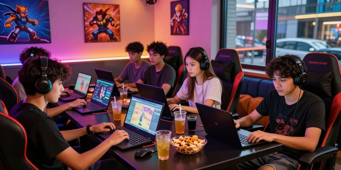 Group enjoying free porn games in a colorful gaming lounge, showcasing fun and camaraderie.