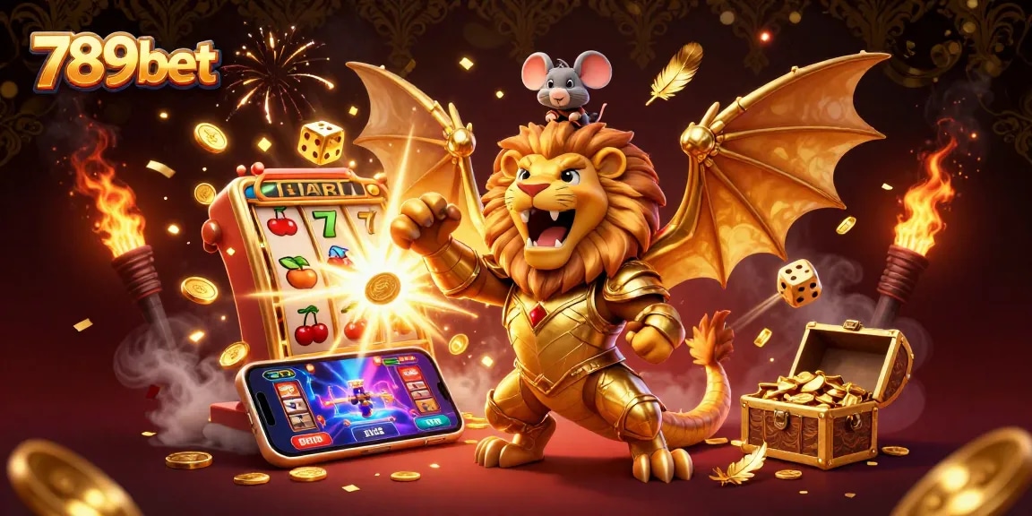 Experience the excitement of 789bet with a jackpot-winning scene of a golden chimera and casino elements.