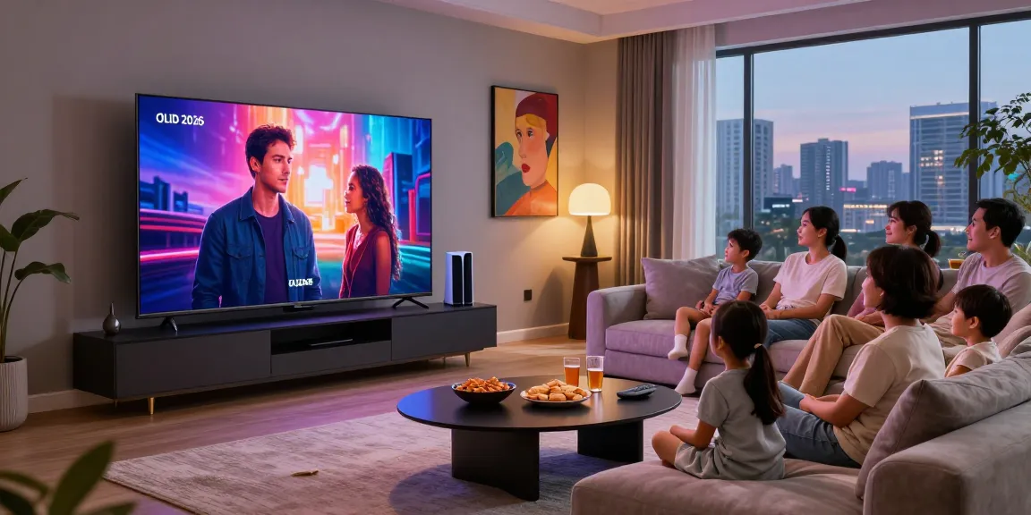 Family enjoying an OLED TV 2026 in a stylish living room with cozy ambiance.