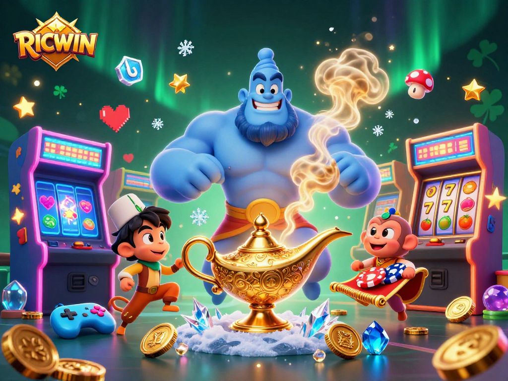Experience the luck of RICWIN with a dynamic genie and casino elements swirling in excitement.