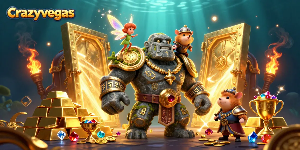 Experience the magic of crazyvegas with a golem, fairy, and hamster knight in a vibrant casino scene.