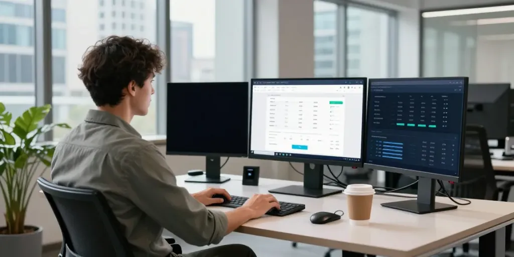 Data analyst optimizing instant indexing strategies in a modern office.