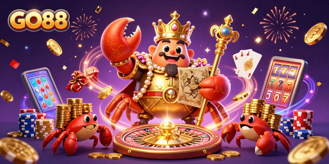 Win big at GO88 with the golden crab emperor leading a vibrant casino adventure featuring slots, roulette and poker treasures.