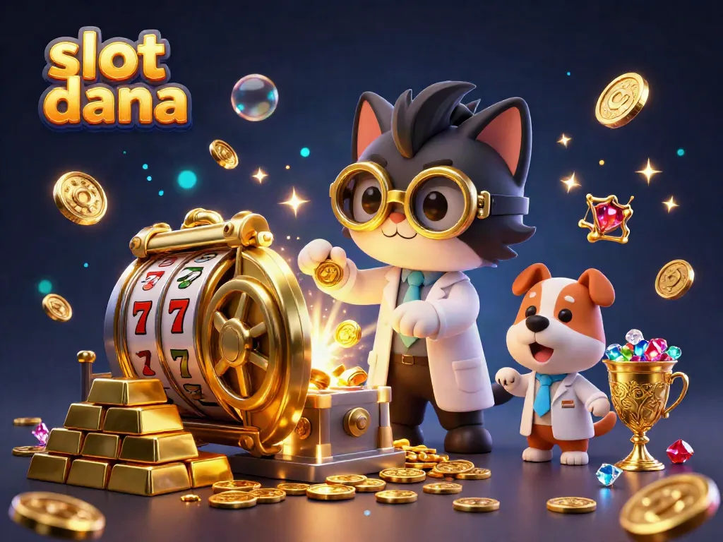 Experience slot dana excitement with a whimsical lab scene featuring a mad scientist cat and dog amid gold treasures.