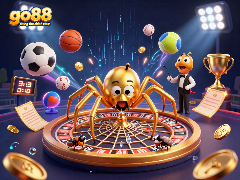 Engage with go88 trang chu chinh thuc featuring a golden spider and a flying fly in a vibrant casino atmosphere.