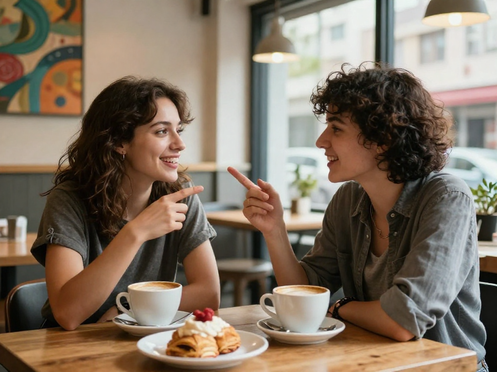 Two friends enjoying a spicy chat over coffee in a vibrant café.