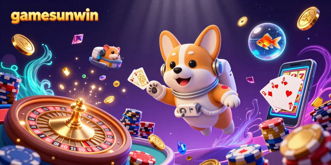 Join the gamesunwin adventure with a corgi astronaut amid drifting poker chips and shimmering coins