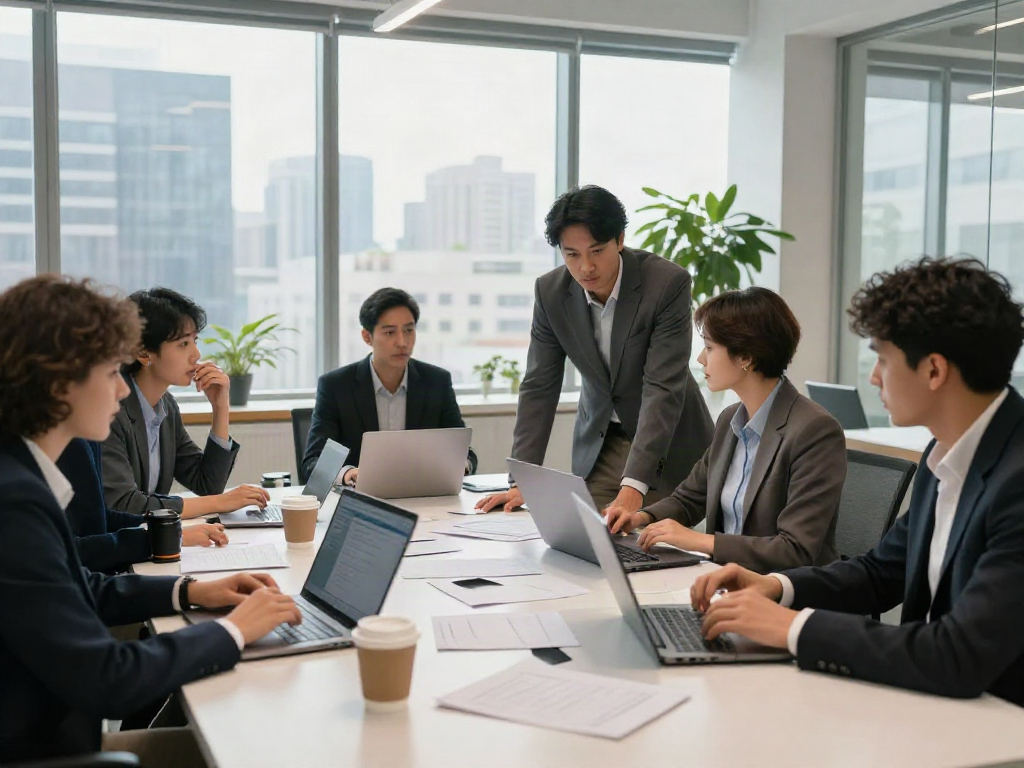 Team collaborating on additional resources in a modern office.