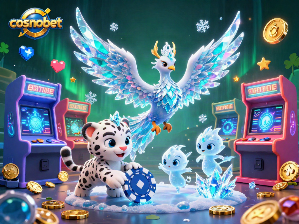 Experience winning moments at Cosmobet as the ice phoenix and cub engage in a magical gaming scene.