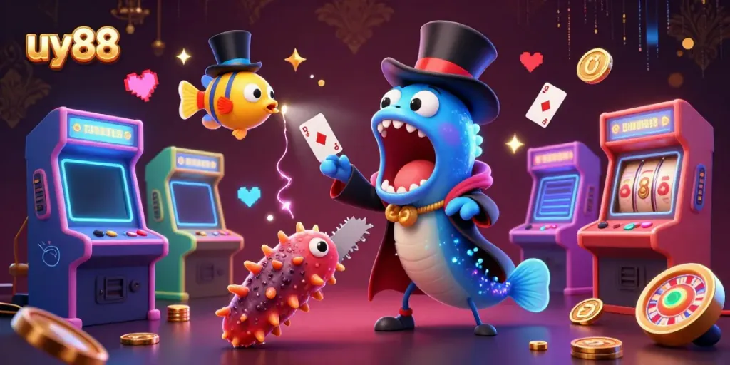 Join the magic of uy88 as a deep-sea eel performs card tricks in a glowing casino world.