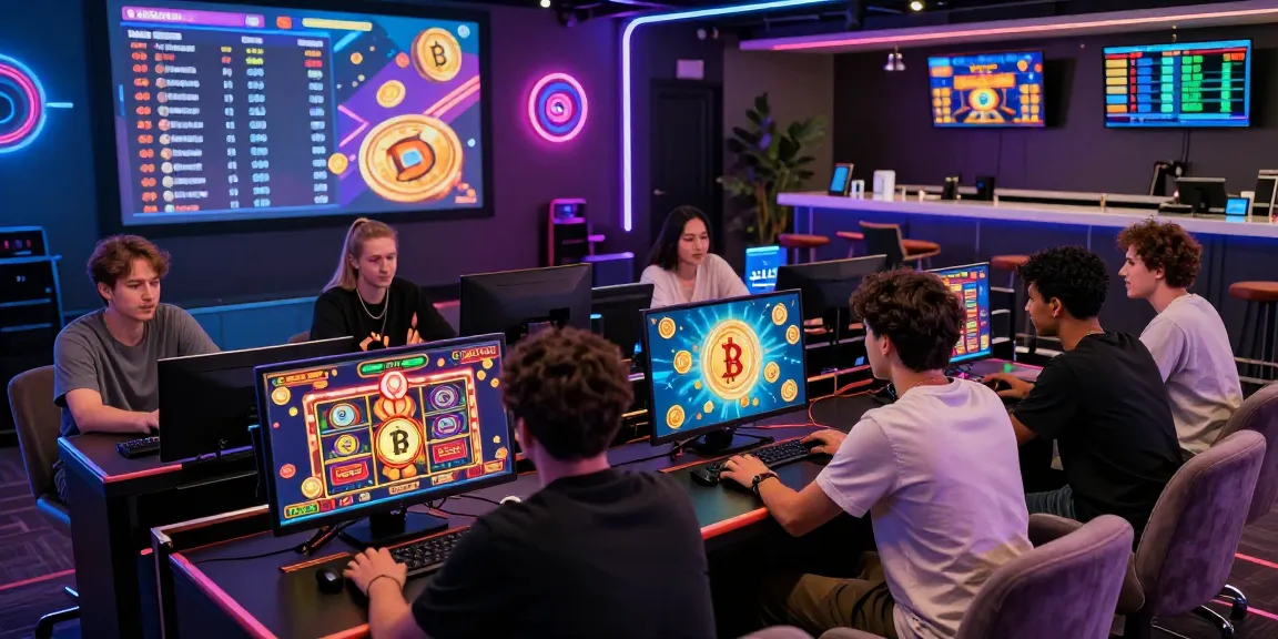 Exciting crypto casino scene with diverse players engaged at virtual gaming stations in a vibrant atmosphere.