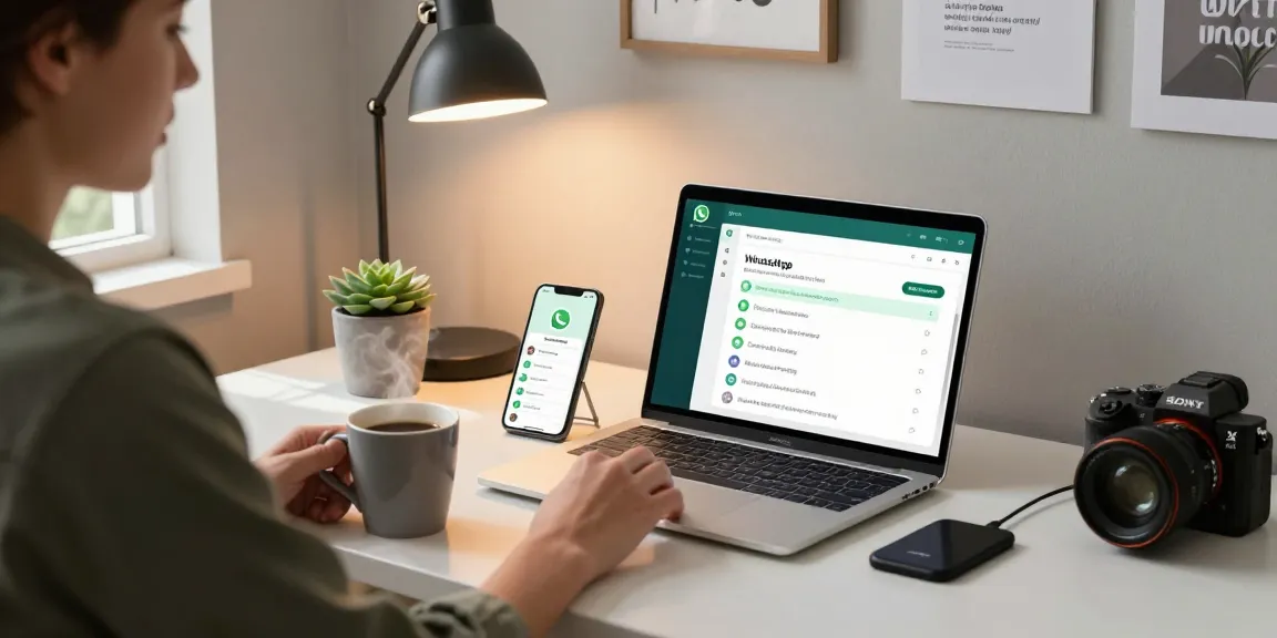 User engaging with WhatsApp網頁版 in a modern home office setting, showcasing productivity and communication.