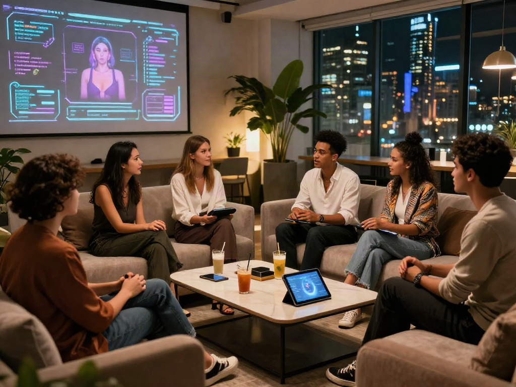 Engaging conversation about sex AI in a modern lounge featuring holographic displays.