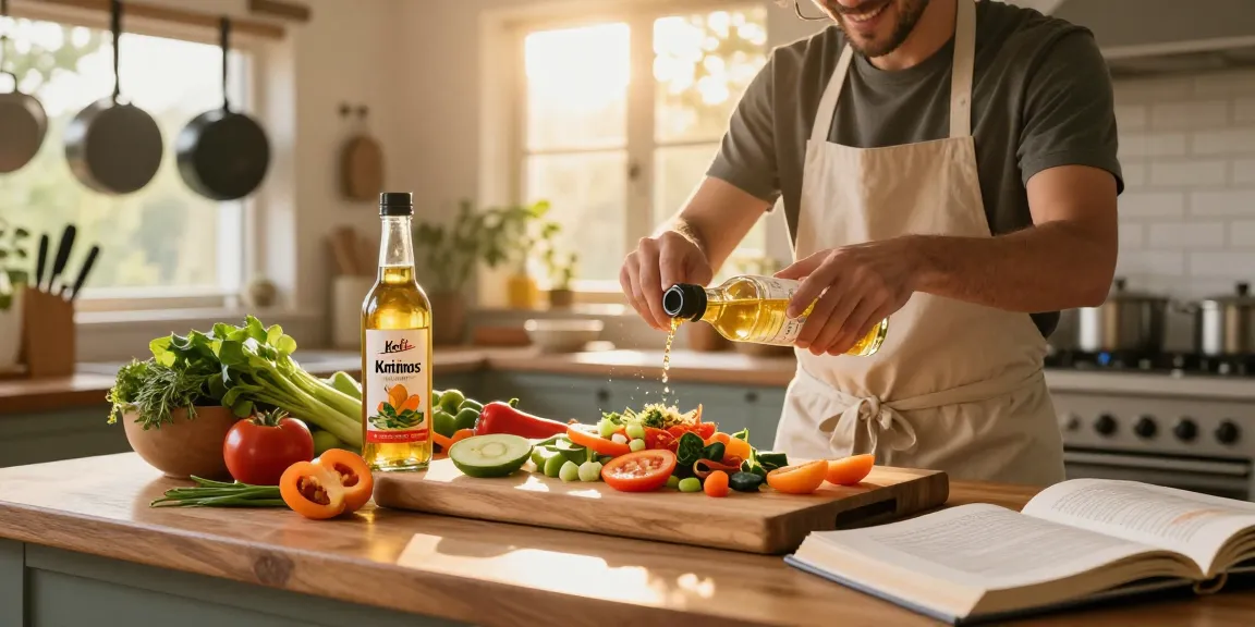 Home cook preparing a colorful dish using KoiAminos in a cozy kitchen.