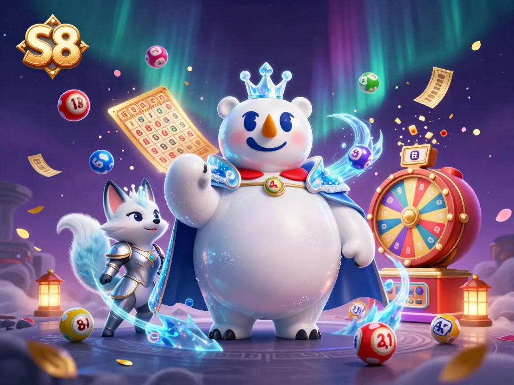 S8 Polar bear and snow fox celebrate wins with colorful lottery elements in a vibrant casino scene