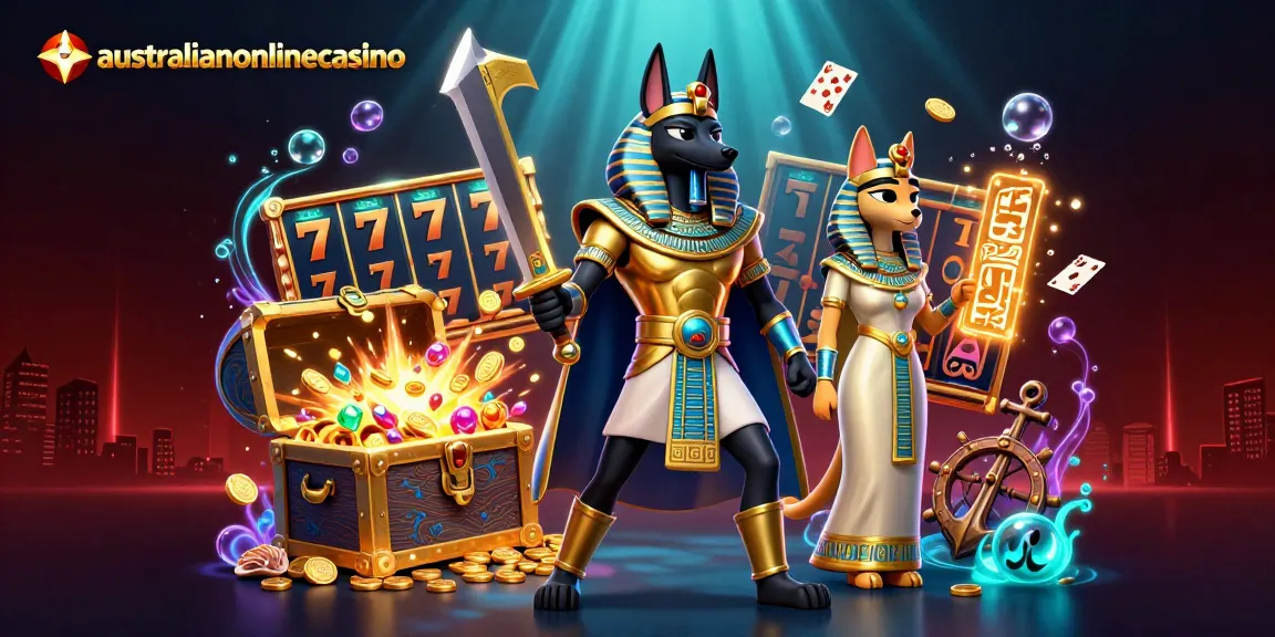 Explore the vibrant world of australianonlinecasino with Anubis and Bastet amidst slot reels and treasure.