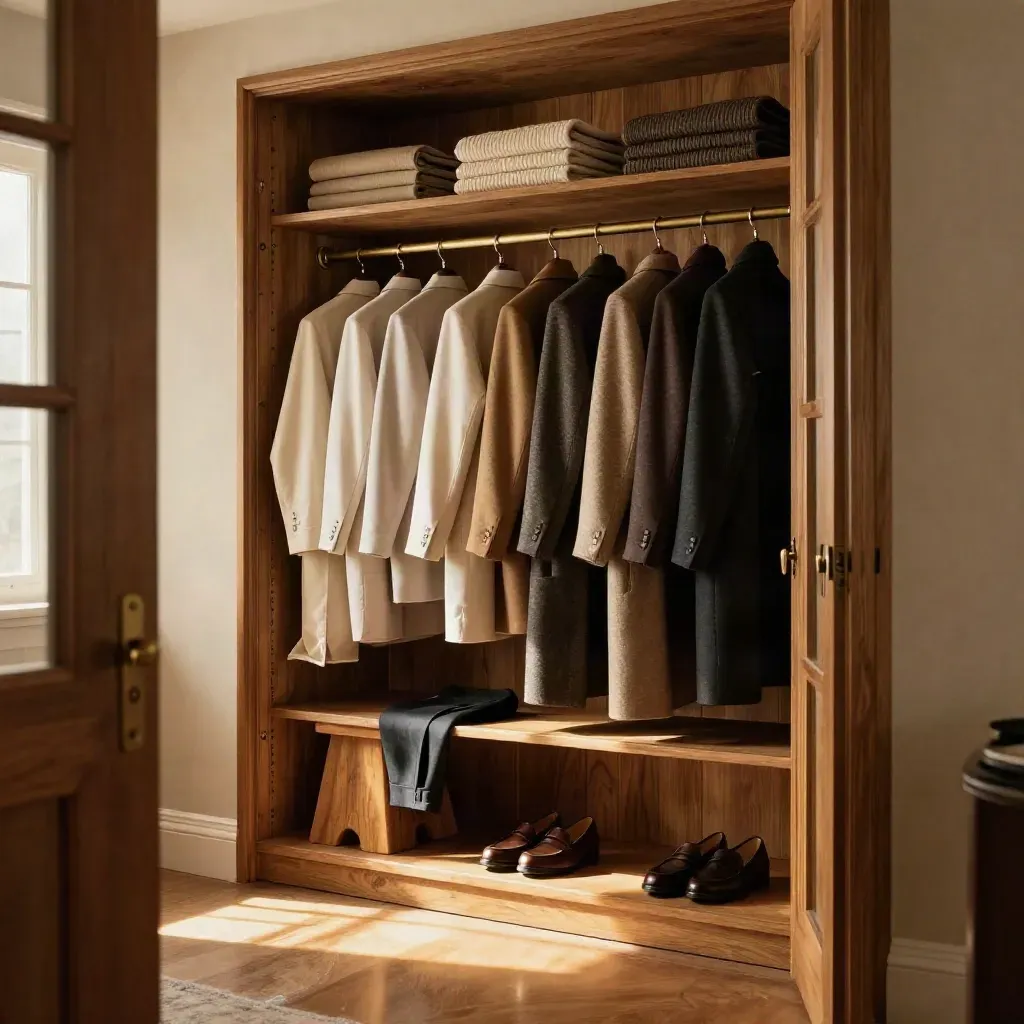 Wardrobe audit scene in a warm closet with sorted clothes, garment bags, and a hem on a stool.
