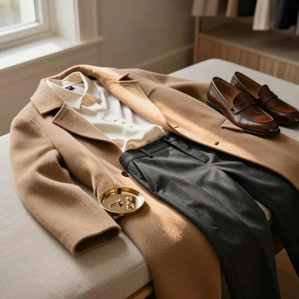 Luxury styling edit on a boutique bedroom bench with coat, blouse, trousers, loafers and gold tray.