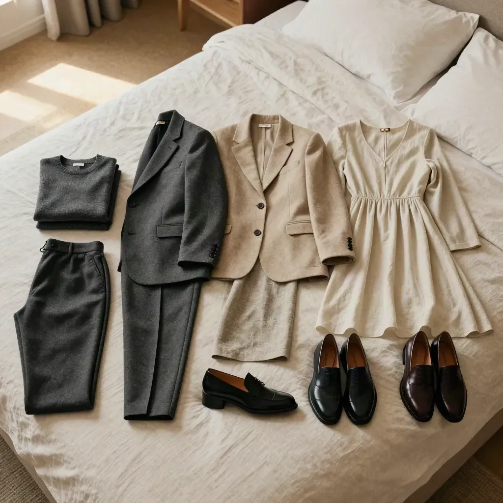 Five outfit plans laid out on a bedspread in a diagonal flatlay with shoes, knits, trousers and a dress.