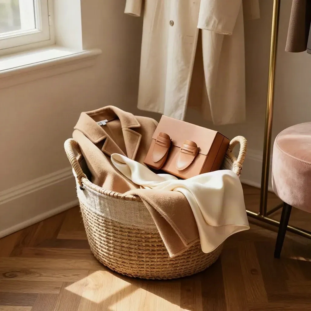 Curated shopping basket with coat, scarf, loafer box and garment covers in a boutique fitting corner.