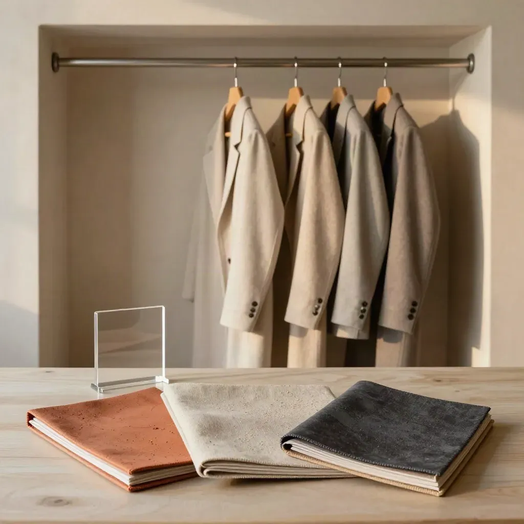 Fabric swatch folders, acrylic stand and twin rails in a pale styling alcove.