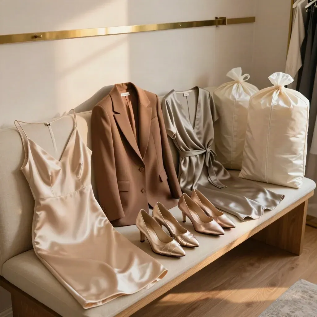 Wedding guest outfits staged on a bench beside garment bags, lit by warm window light.