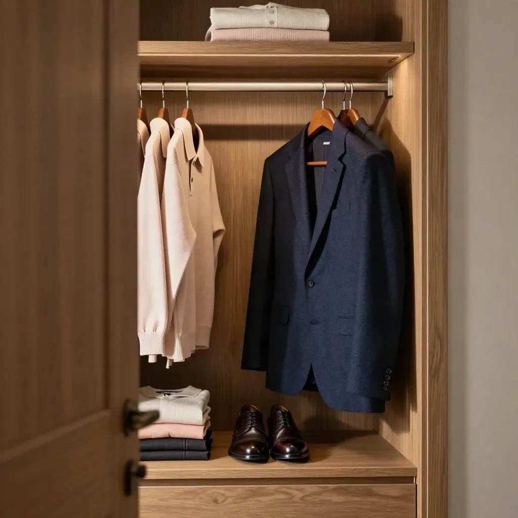 Organised executive wardrobe with navy blazer, knit polos, trousers and derby shoes on a tidy rail.