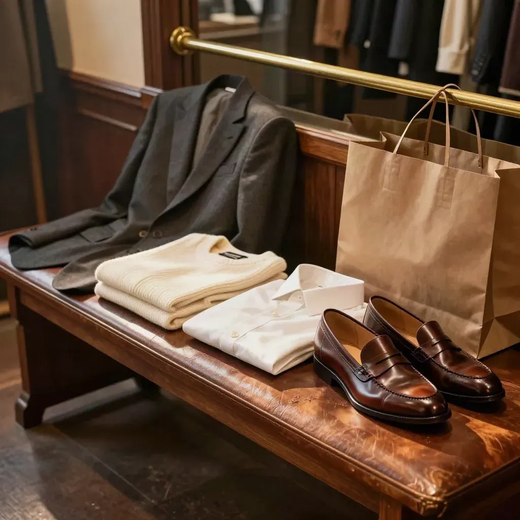 Four workwear pieces on a boutique bench under dramatic warm light, with shopping bags tucked behind.