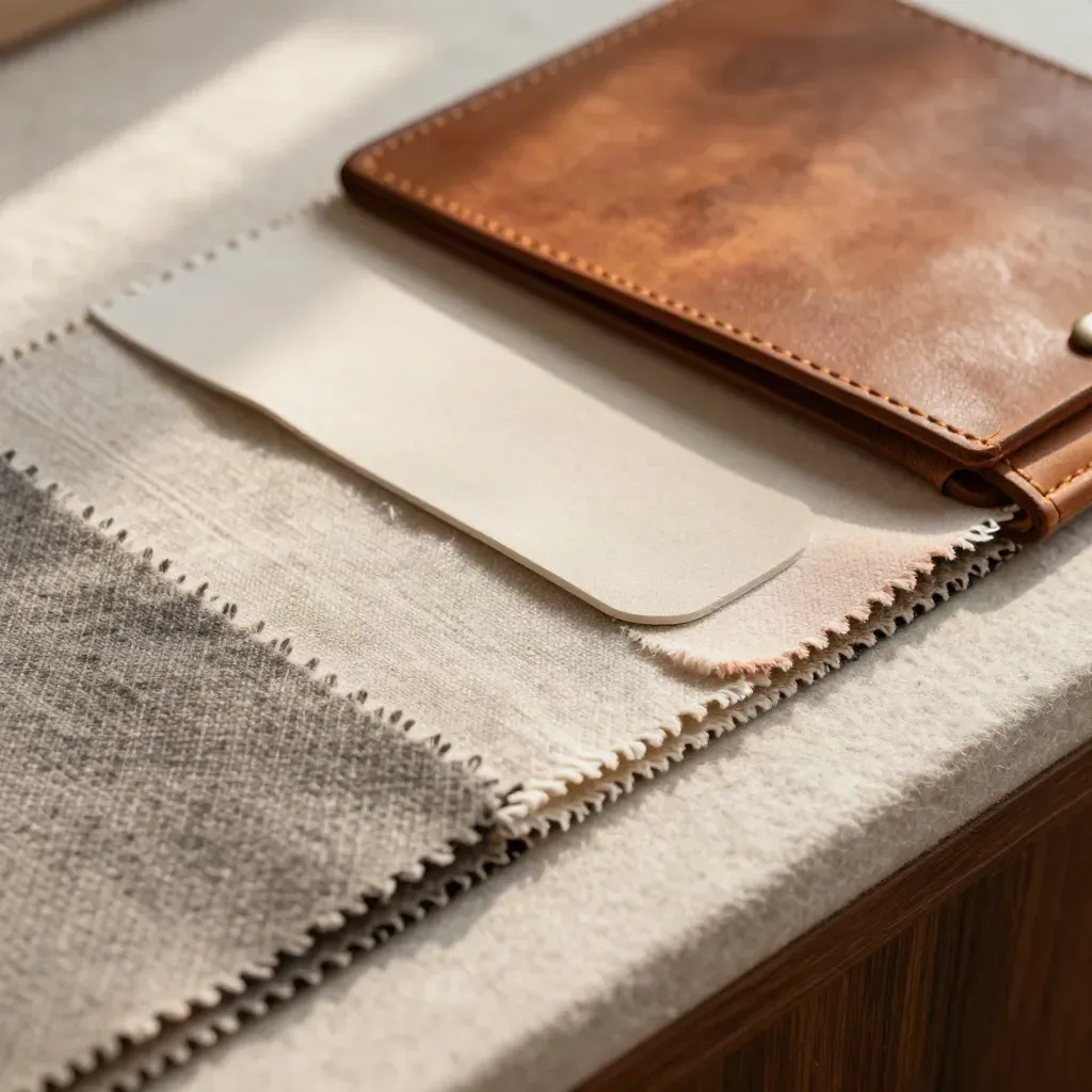 Macro of fabric swatches, colour chips and a leather folder on a fitting bench