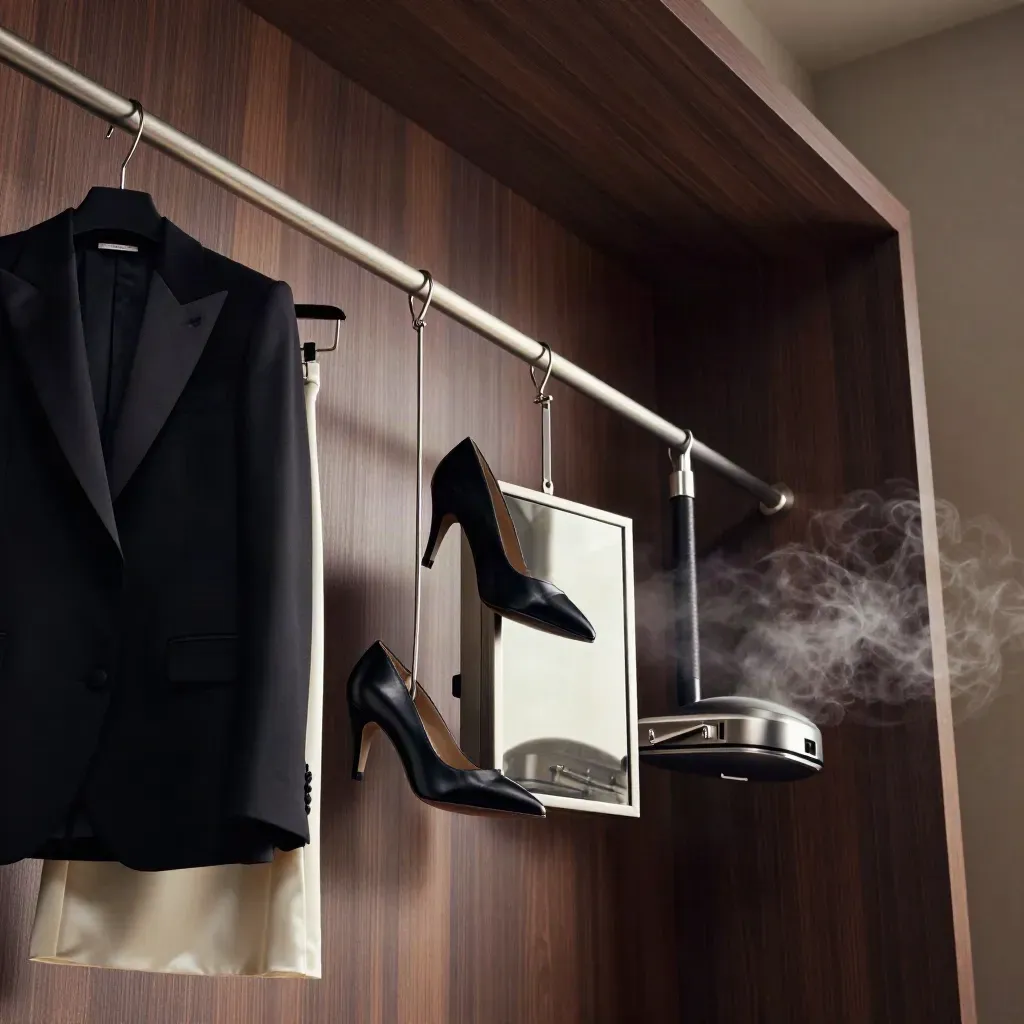 Luxury event dressing rack with tux jacket, satin dress, heels, jewelry case and steam.