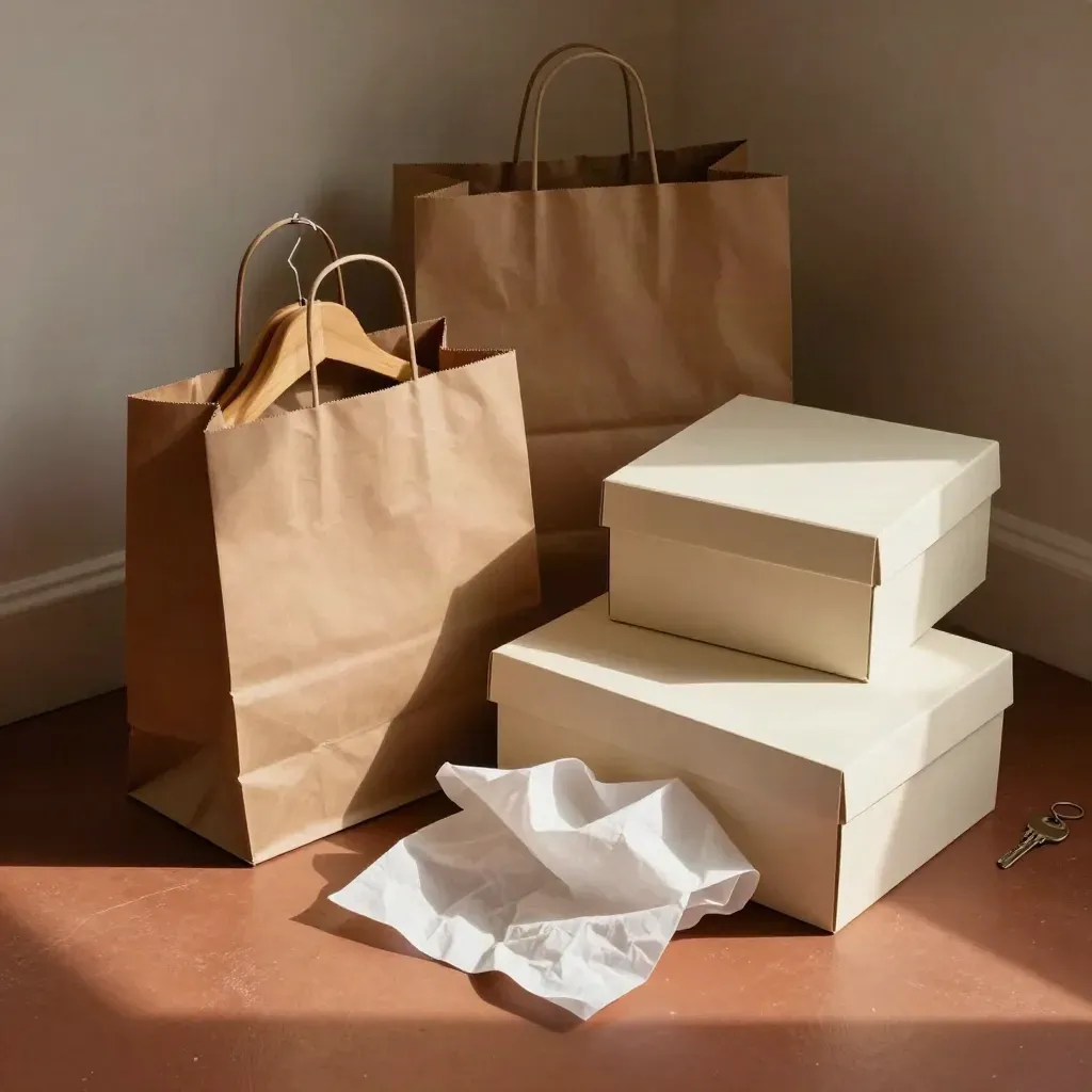Boutique haul on a terracotta floor: bags, hanger packs, shoe boxes, and tissue paper