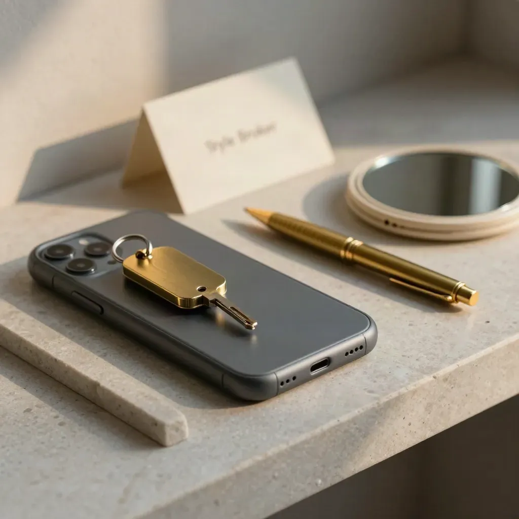 Face-down phone, brass pen, key fob, and compact mirror on a stone tray