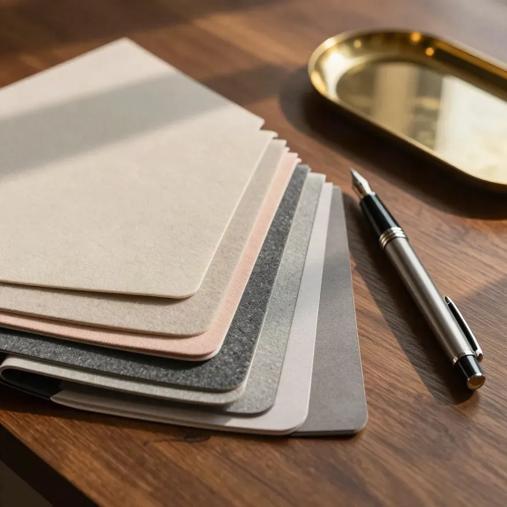 Swatch folders, capped pen and brass tray on walnut surface, softly lit in a premium still life.