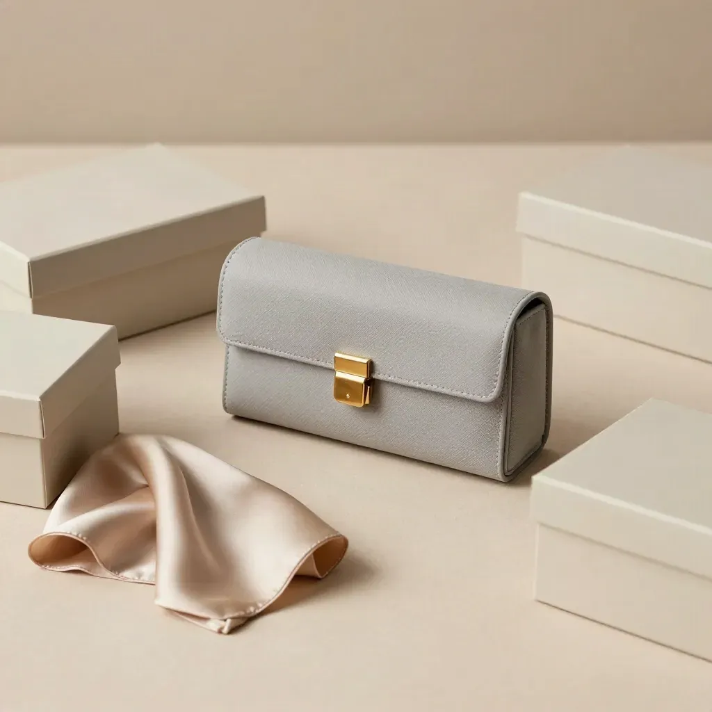 Linen portfolio case, silk scarf and three shoe boxes on a pale plaster sweep.