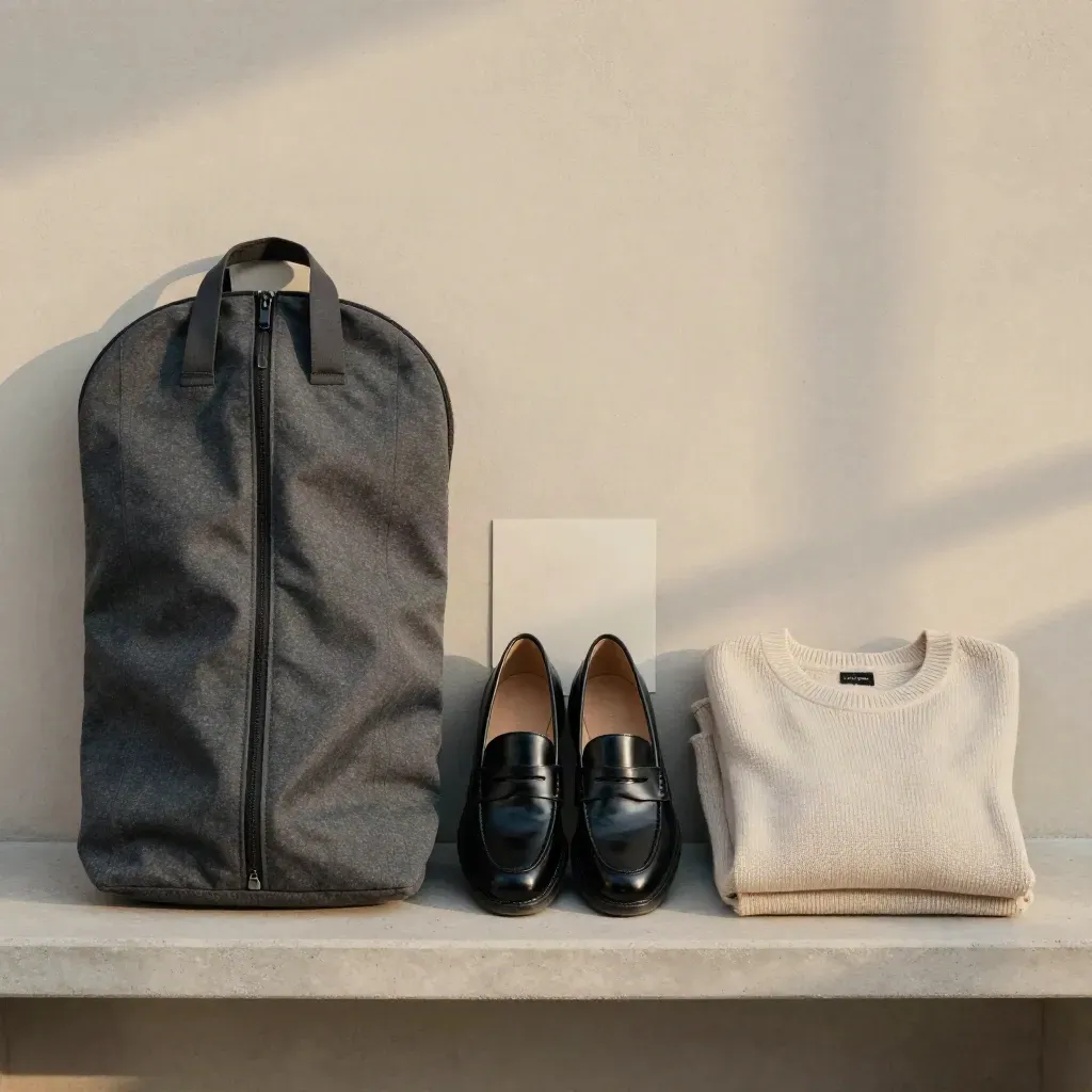 Overhead flatlay of garment bag, loafers, and knit set on pale concrete.