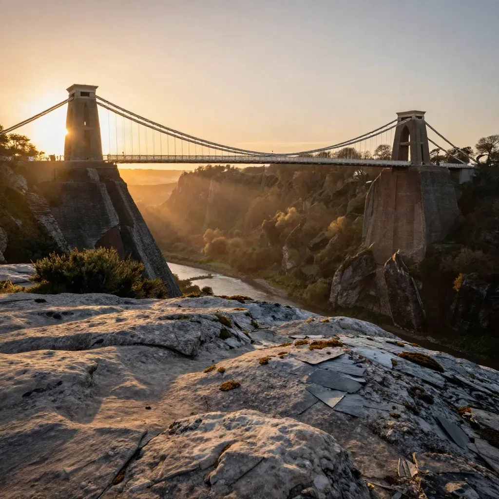 Clifton Suspension Bridge high above a hazy Avon Gorge at sunset