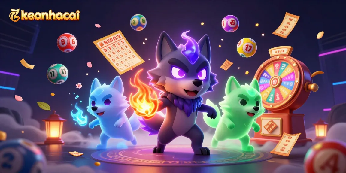 Engage with keonhacai's dynamic gaming scene featuring a shadow wolf leader surrounded by lottery excitement.