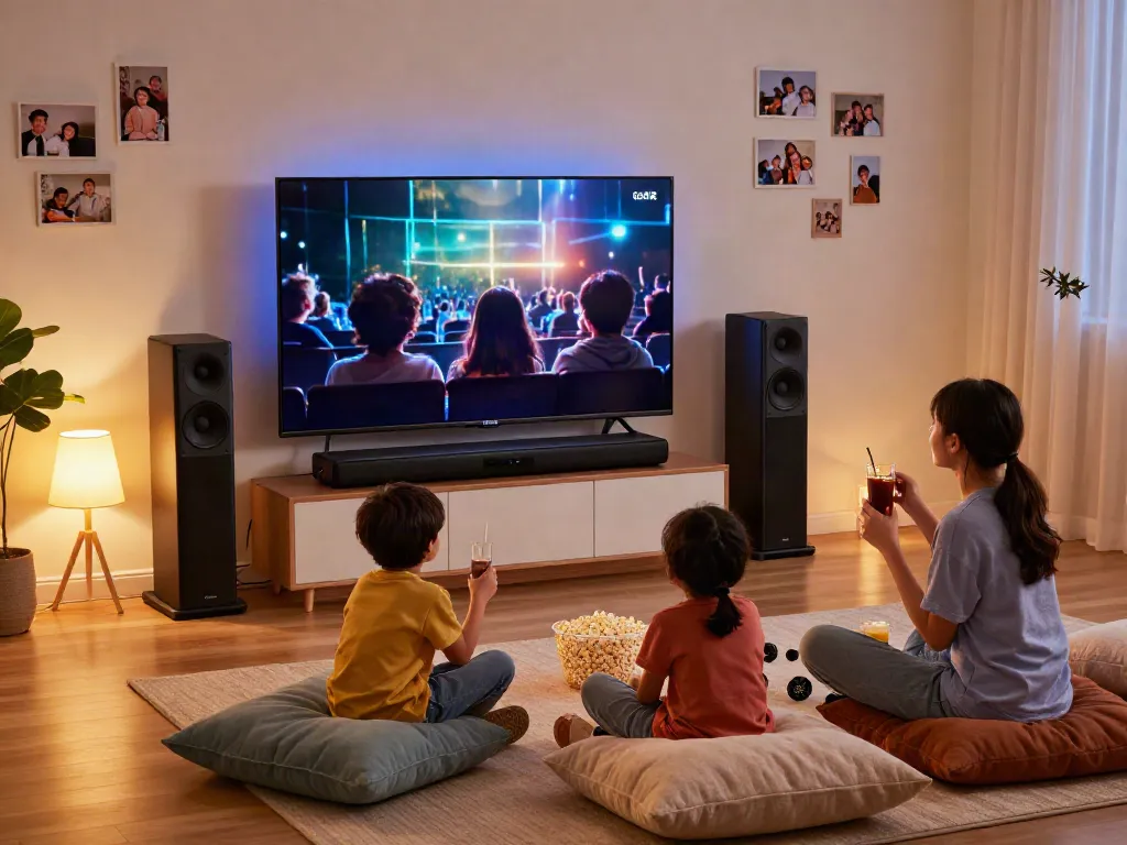 Family enjoying a movie night with Vision Speaker Price setup in a cozy living room.