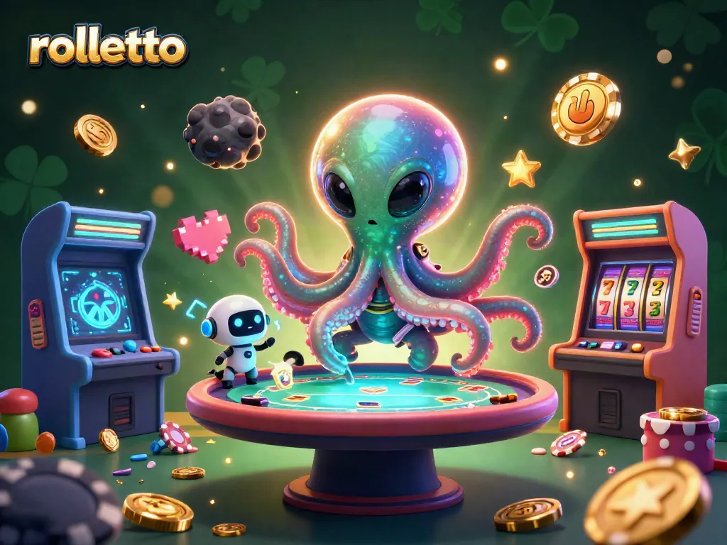 Experience rolletto excitement with an alien octopus at a holographic poker table amidst dynamic casino elements.