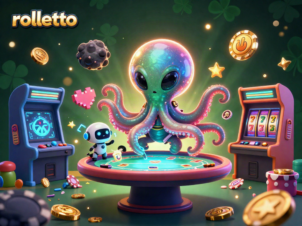 Experience rolletto excitement with an alien octopus at a holographic poker table amidst dynamic casino elements.