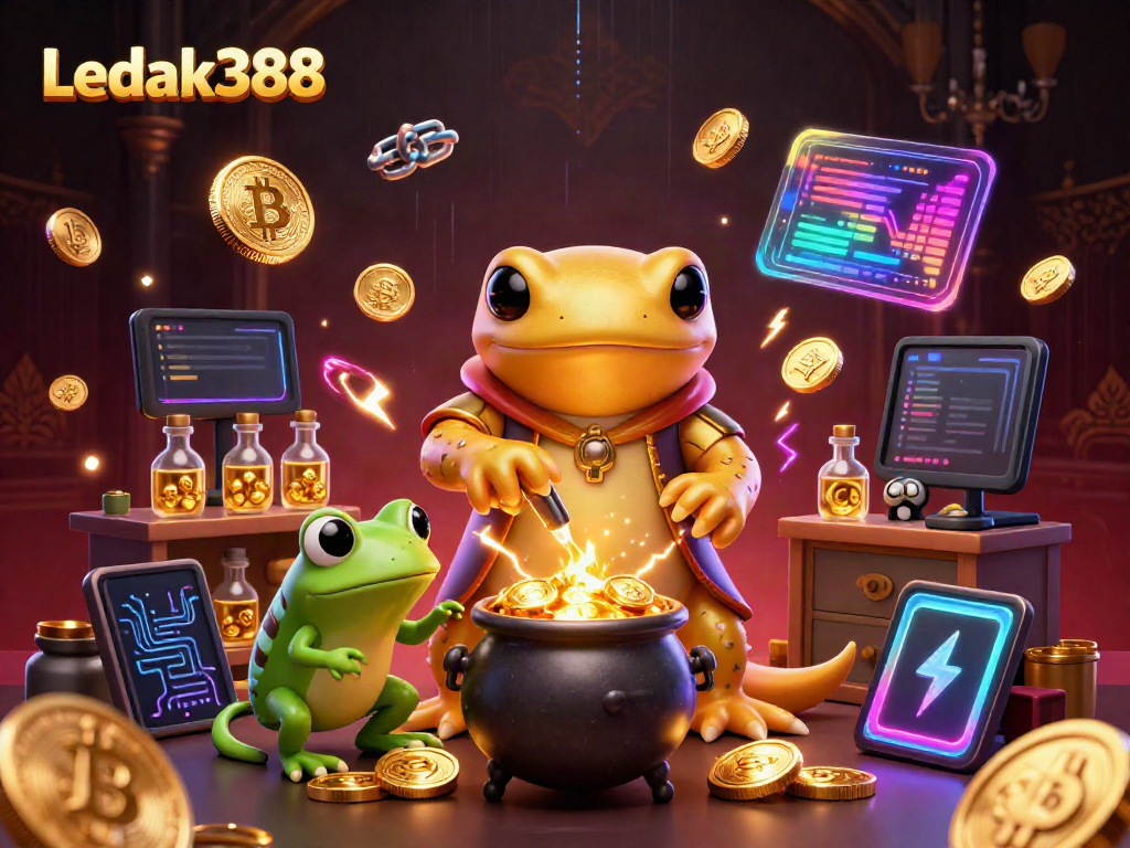 Experience dynamic alchemy and crypto gaming with Ledak388's vibrant 3D casino scene.