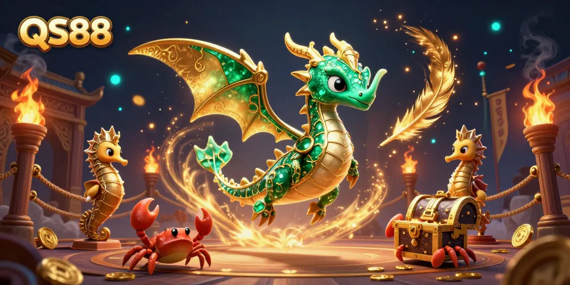 Experience the excitement of QS88 with a dynamic illustration featuring a sea dragon, treasure, and casino elements.