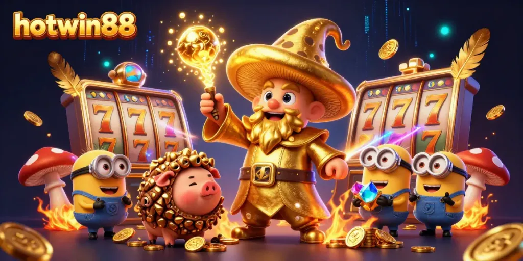Experience exhilarating wins with hotwin88's enchanting wizard and treasure-sniffing pig in a vibrant casino scene.
