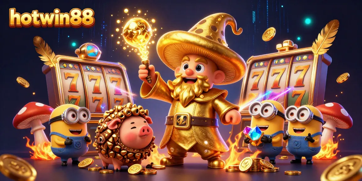 Experience exhilarating wins with hotwin88's enchanting wizard and treasure-sniffing pig in a vibrant casino scene.