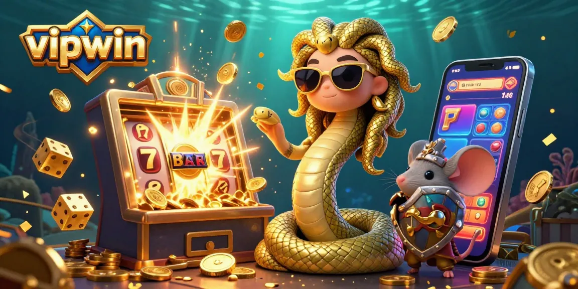 Engage with vipwin's thrilling gaming world, featuring Medusa and a warrior mouse amid casino action.