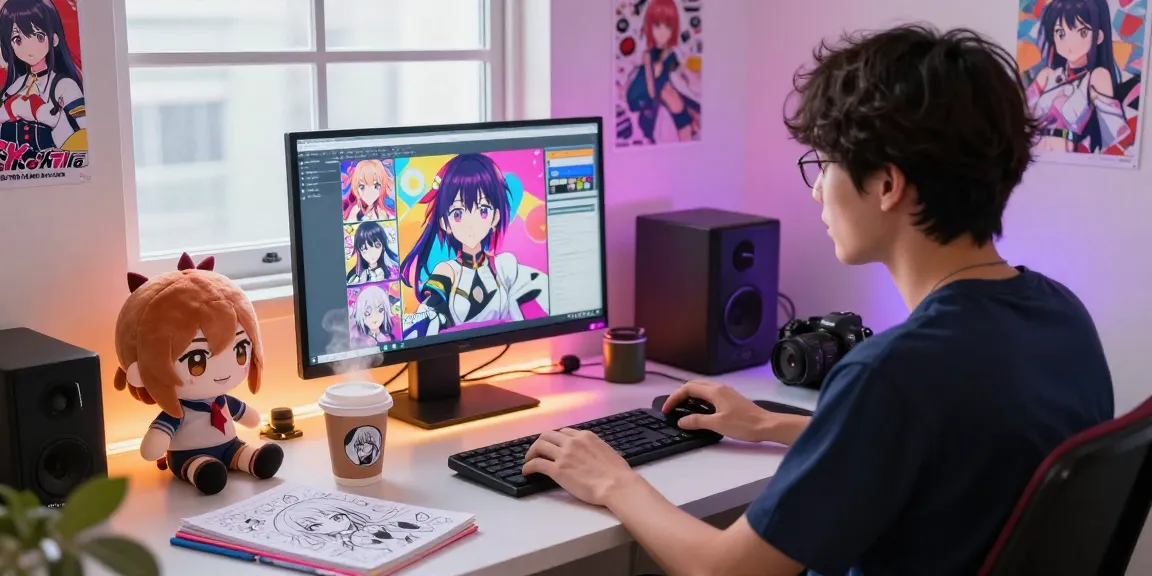 Anime fan engaging in free ai ecchi chat in creative workspace filled with manga and plush figures.