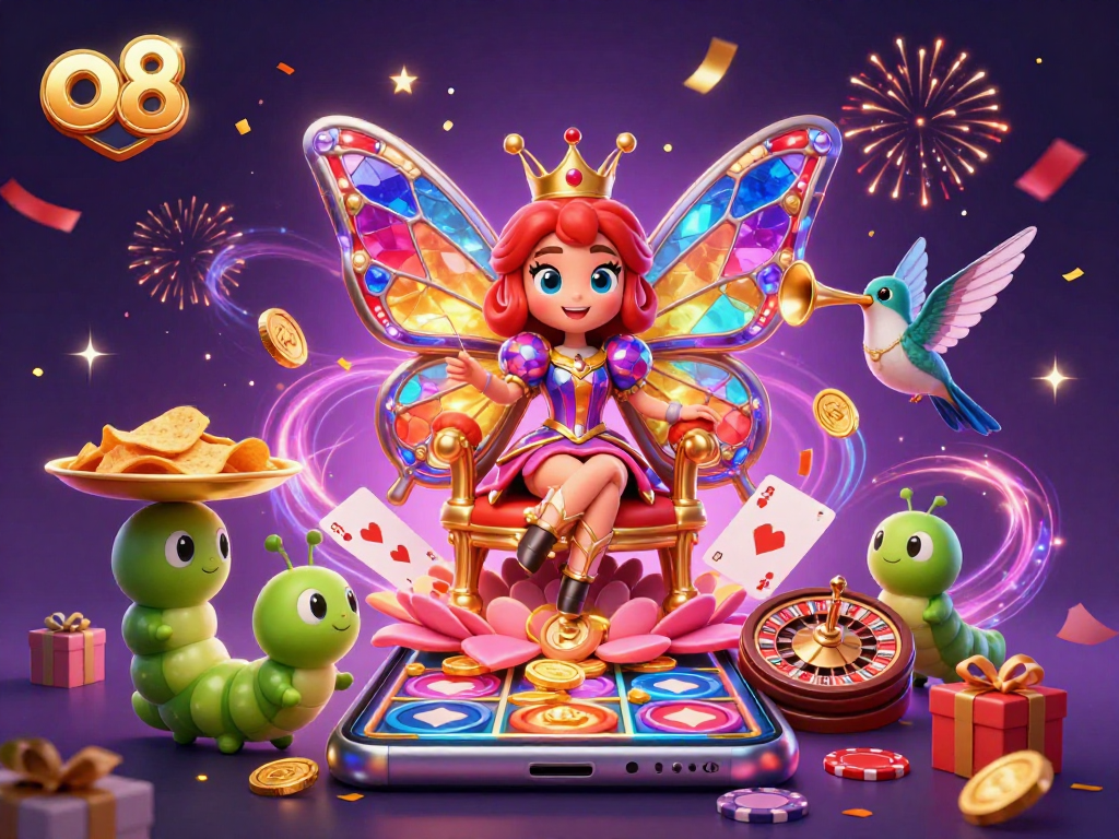Experience the magic of o8 with vibrant 3D illustration featuring gameplay and rewards.