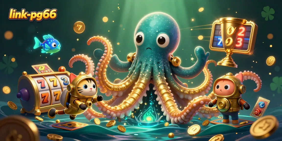 Experience the thrill at link-pg66 with a fantastical kraken and diving cat amidst vibrant casino visuals.